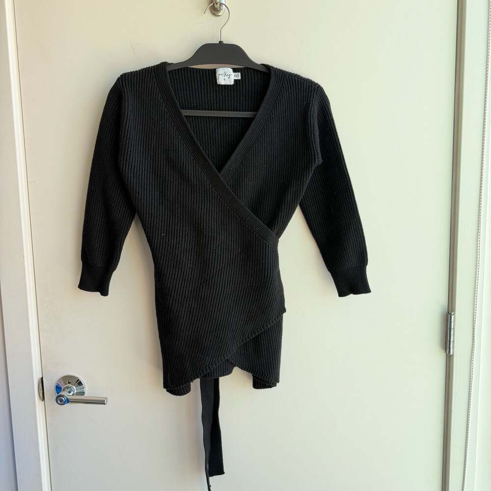 Princess Polly Black Long Sleeve Ribbed Wrap Tie-Waist Mini Sweater Dress